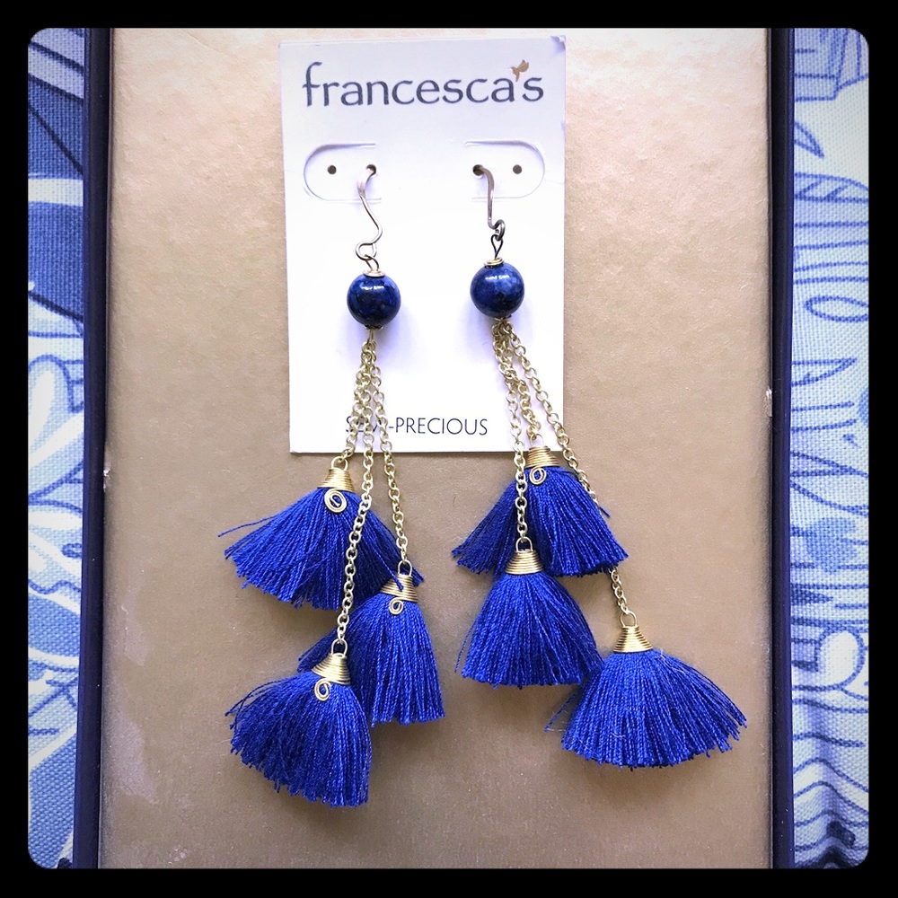 Bright Blue Tassel Earrings on Gold Chain